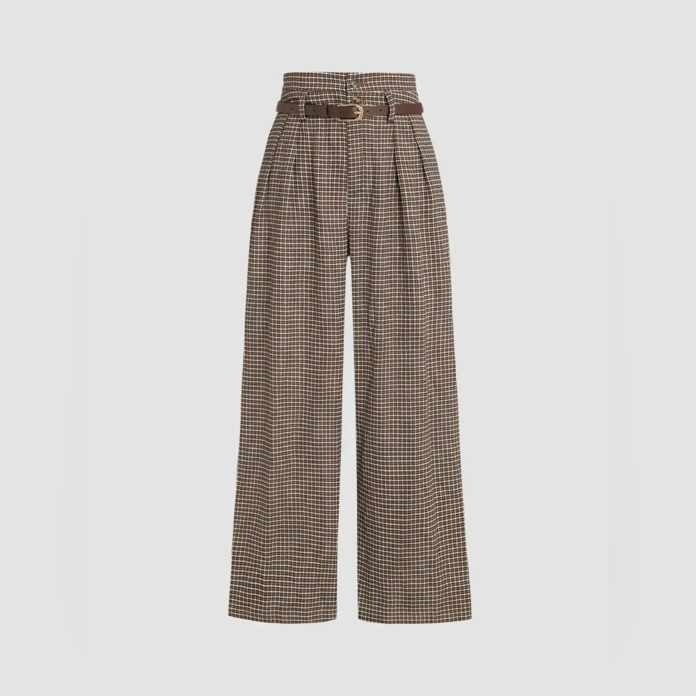 Cider Brown Plaid Wide-Leg Belted Trousers